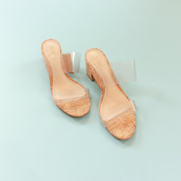 Schutz Victorie Leather Sole Cork Acrylic Clear Slip On Block Heels Size 7.5 - Picture 1 of 6